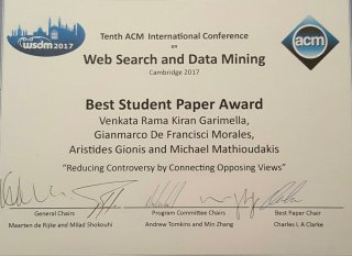 Best student paper award at WSDM 2017